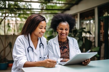 Black woman, doctor and elderly patient with good news, tablet and results for health, advice and report. Happy african medic, mobile touchscreen or healthcare with smile, tech or support in hospital
