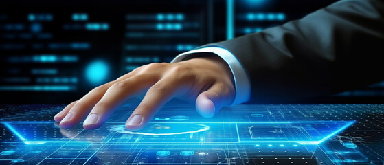 Businessman touches HUD panel, futuristic, blue background.