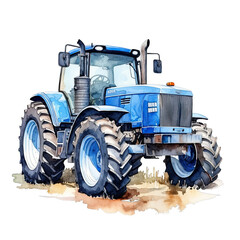 A watercolor painting of a blue tractor with large wheel - obrazy, fototapety, plakaty