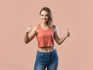 women showing thumbs up in pastel pink background generative ai