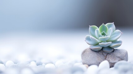 a small succulent plant with green and blue leaves on a light grey rock. The plant and the rock are surrounded by white pebbles, creating a contrast and a texture.