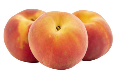 Close up of three peaches isolated on transparent background. PNG file