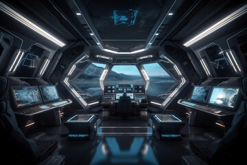 Futuristic spaceship control center and window facing to outer space generative ai