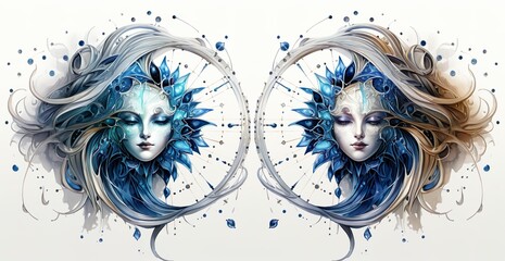 twin allure: the ornate masks of Gemini in celestial harmony