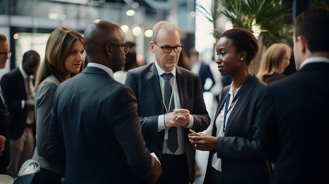 Happy businessman talking while holding drink glass during networking event at convention center, sharing startup ideas and discussing new innovation at business conference