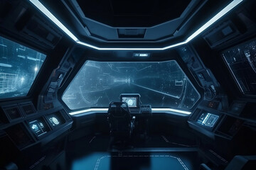 Futuristic spaceship control center and window facing to outer space generative ai