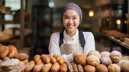 Portrait of smiling young woman business owner standing in bakery store selling bread and pastry