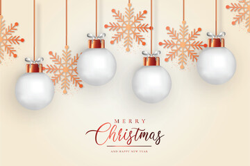 clean merry christmas happy new year background with realistic white christmas balls golden snowflakes