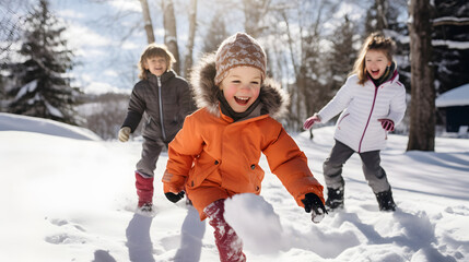 Fototapeta na wymiar Group of children play and have fun playing with snowball outdoors on a warm sunny winter day