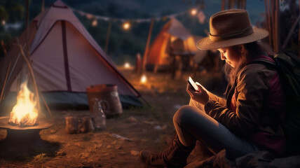Fototapeta premium night camping smiling cute Thai woman using phone near fire and tent.