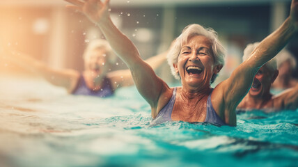 Active senior women in aqua fit class, joy and camaraderie