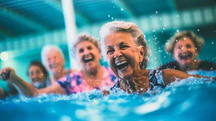 Active senior women in aqua fit class, joy and camaraderie
