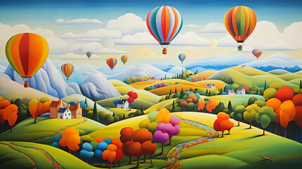 Fototapeta premium Chromatic Countryside Hot Air Balloons