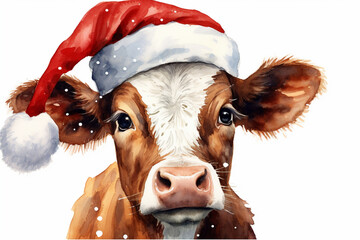 A Calf in a Santa hat, Watercolor Painting of a Cow in a Santa Hat - obrazy, fototapety, plakaty