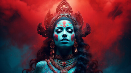 Indian Goddess With Red Smoke in the Background