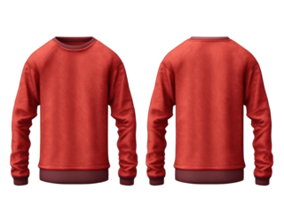 Set of red front and back view tee sweatshirt sweater long sleeve on transparent background cutout.
