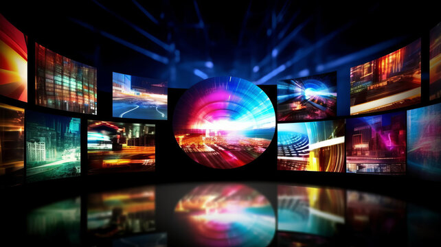 Multimedia images on different television screens.