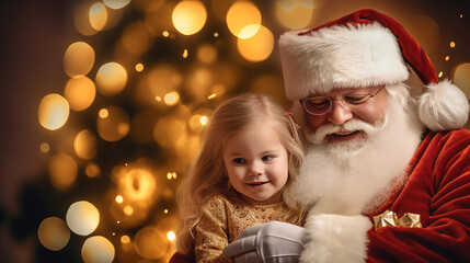 A child in the arms of Santa Claus near the Christmas tree