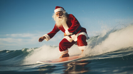Santa Claus on a surfboard in ocean blue water. Merry Christmas and Happy New Year concept.