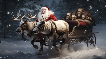 Santa Claus in sleigh with reindeer. Merry Christmas and Happy New Year concept.