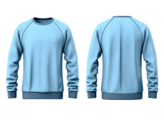 Set of blue front and back view t-shirt sweater long sleeve on transparent background cutout.