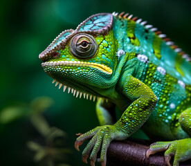 Fototapeta premium Green colored chameleon close up