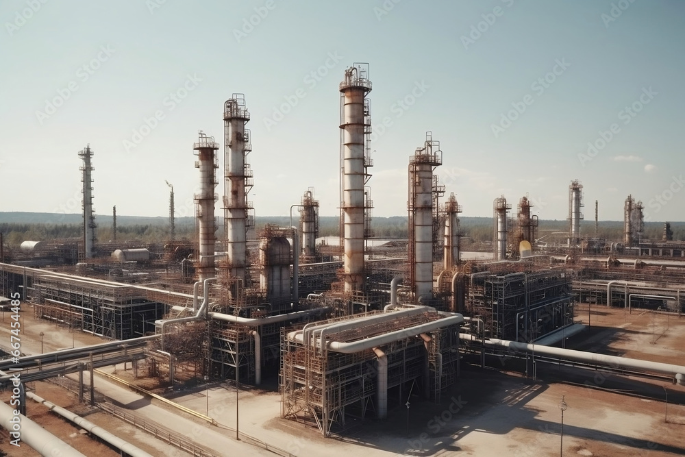Poster large refinery complex with lots of pipelines at daylight generative ai