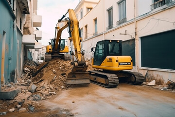 Two yellow excavators removes the debris from the damaged street generative ai