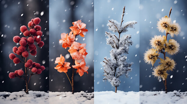 Collage Of Four Seasons - Winter, Autumn, Spring And Winter.