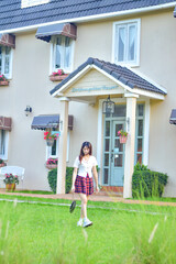 woman in the backyard, bright meadow
