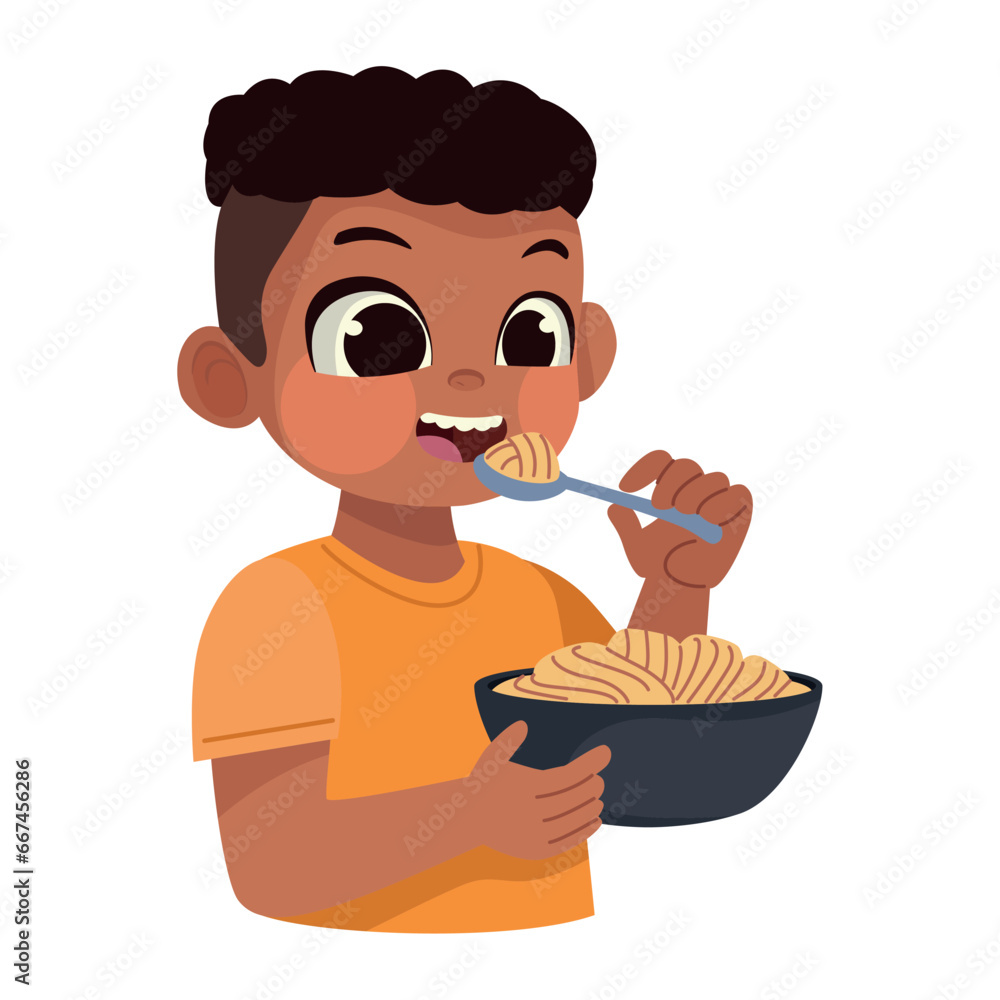 Wall mural boy eating noodles