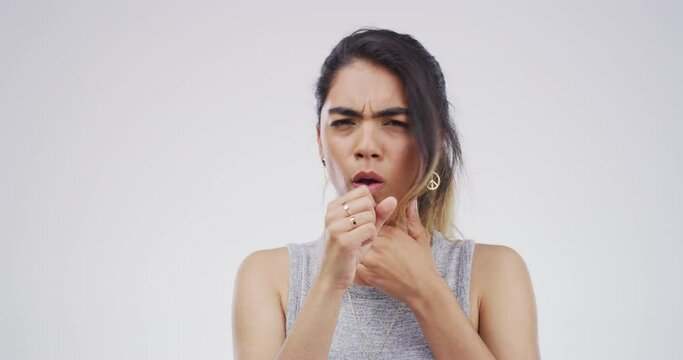 Sick, girl and chest pain in studio with cough, cold and virus from bacteria, covid or asthma on mock up. Healthcare, person and flu with allergy, lung attack or tuberculosis on white background
