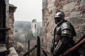 Fototapeta premium Knight in steel armor standing in old ruined castle generative ai