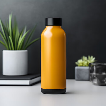 Orange Metallic Water Bottle Mockup On Desk