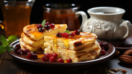 Cottage cheese pancakes with honey, cranberries, and tea
