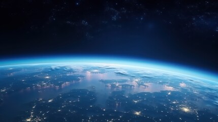 Planet earth from the space at night shining blue light 