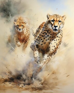 AI generated illustration of two cheetahs running side-by-side in the African savanna