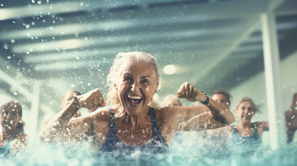 Active senior women in aqua fit class, joy and camaraderie,generative ai