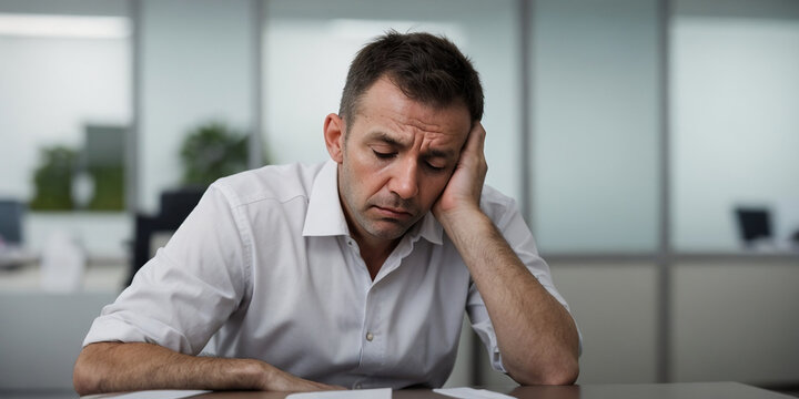Exhausted man in the office, Stress at work and life balance concept