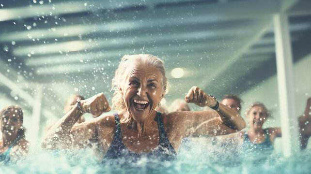 Active senior women in aqua fit class, joy and camaraderie,generative ai