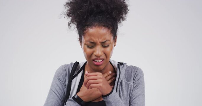 Healthcare, woman and sore throat in studio with cough, cold and virus from bacteria, covid or asthma on mock up. Sick, person and flu with allergy, lung attack or tuberculosis on white background