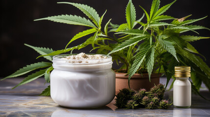 Cannabis cream jar, organic skincare on marble table.generative ai