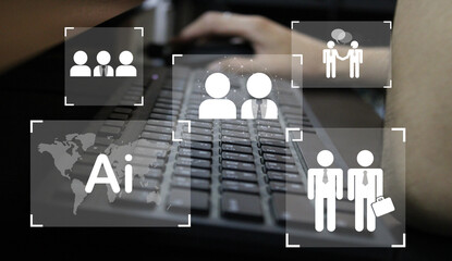 Male hand rests on keyboard and AI icon composed of people There are both women and men, businesspeople, and red and blue lights. Ai