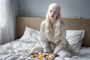 Generative AI,real3D,Magazine pictorial,albinism,light clothes,
long hair,lying at the end of the bed,eating sweets