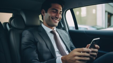 Smiling Caucasian businessman in formal wear using smart phone while sitting in his car on parking lot.