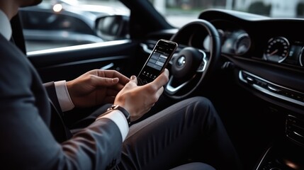 Closeup of professional successful businessman hand using smartphone in modern car  - obrazy, fototapety, plakaty