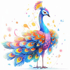 Peacock Watercolor illustration Isolated on white background