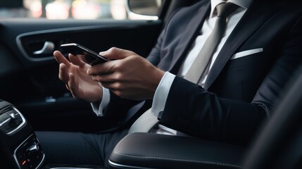 Closeup of professional successful businessman hand using smartphone in modern car 