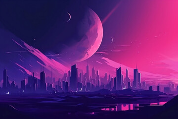 Large city landscape with huge buildings on distant planet at purple colors generative ai