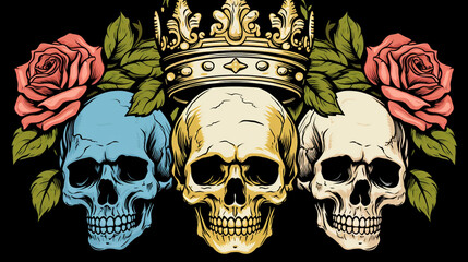 illustration in pop-art style of skulls with flowers and leaves on black background 2